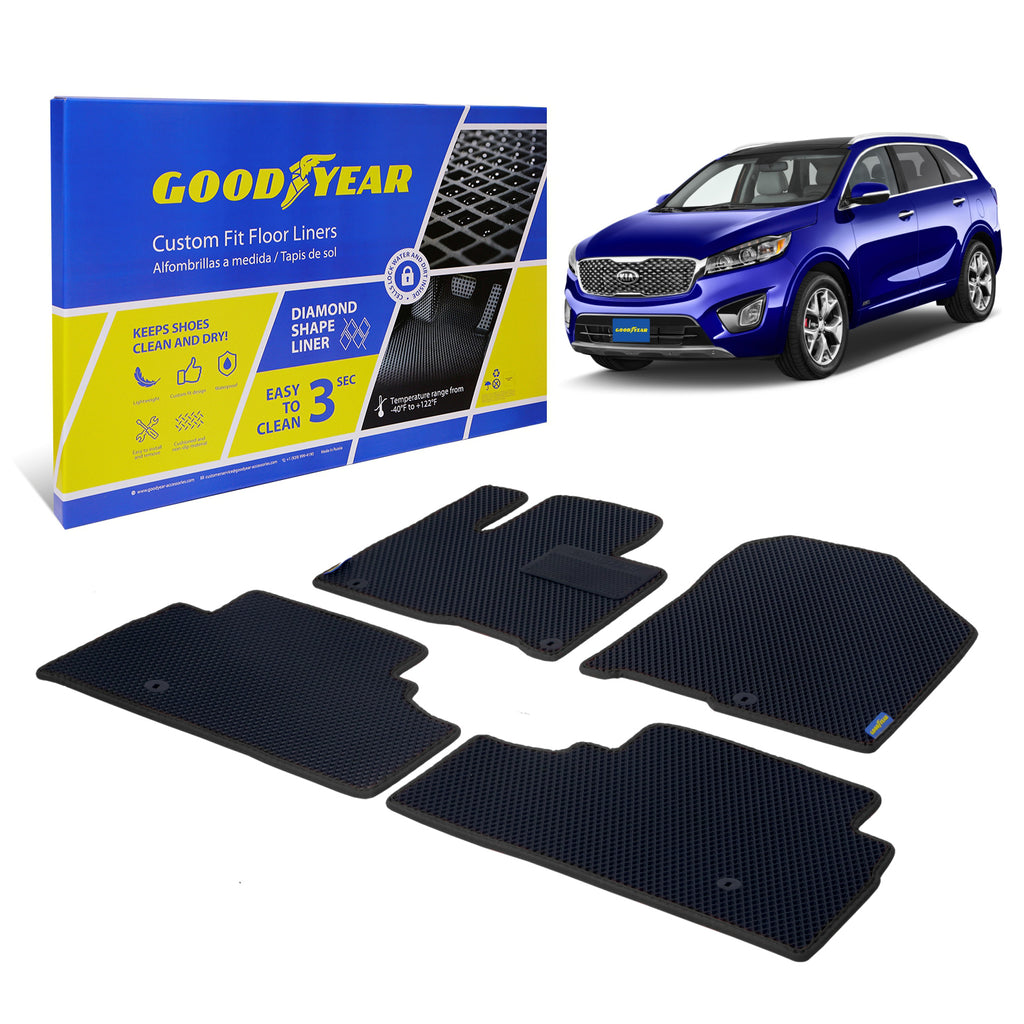 Goodyear Custom Fit Car Floor Liners for Kia Sorento 2016-2020 Black/Black 4 Pc. Set All-Weather Diamond Shape Liner Traps Dirt Liquid Rain and Dust Precision Interior Coverage - GY004419