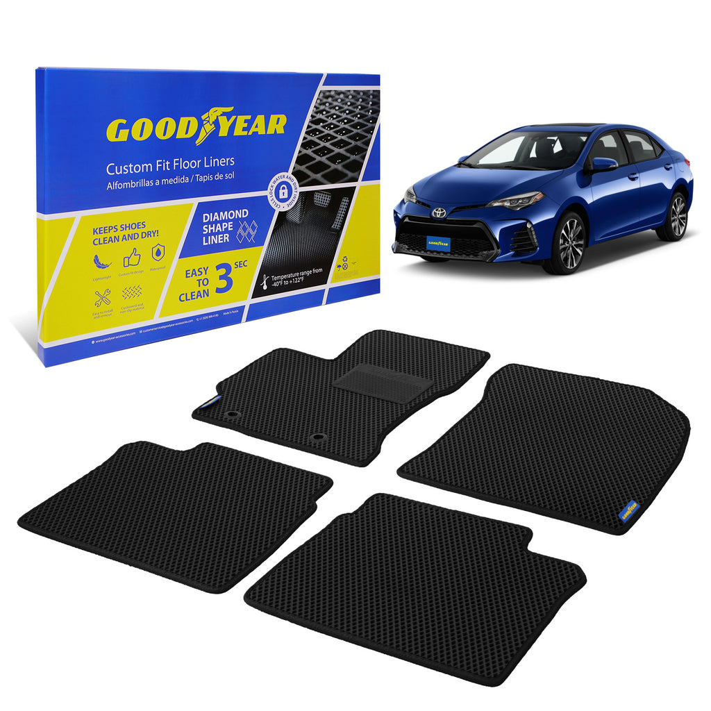 Goodyear Custom Fit Car Floor Liners for Toyota Corolla 2014-2016 Black/Black 4 Pc. Set All-Weather Diamond Shape Liner Traps Dirt Liquid Precision Interior Coverage - GY004422