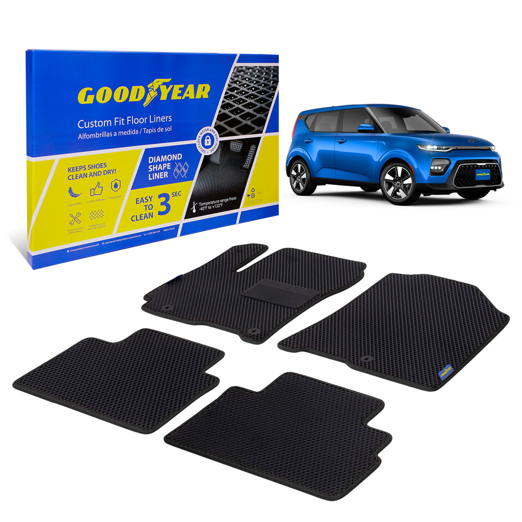 Goodyear Custom Fit Car Floor Liners for Kia Soul 2020-2022 Black/Black 4 Pc. Set All-Weather Diamond Shape Liner Traps Dirt Liquid Rain and Dust Precision Interior Coverage - GY004997