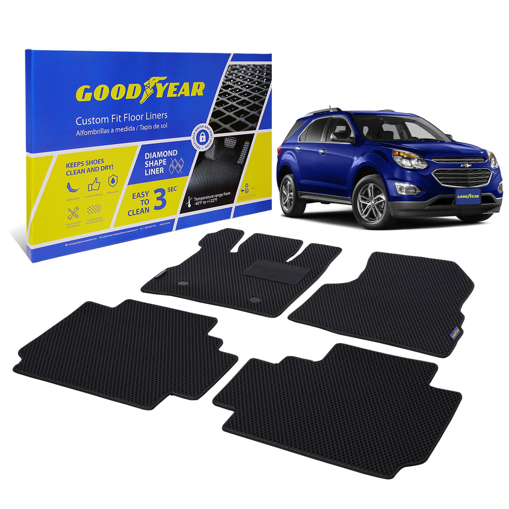 Goodyear Custom Fit Car Floor Liners for Chevrolet (Chevy) Equinox 2011-2017 Black/Black 4 Pc. Set All-Weather Diamond Shape Liner Traps Dirt Liquid Rain Precision Interior Coverage - GY004375v