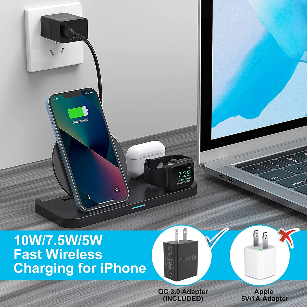 Wireless Charger,  3 in 1 Fast Charging Station Compatible Iphone 14/13/12/11 Series/X/Xs/Xs Max/Xr/8, Android Phone, Apple Watch & Airpods(With QC3.0 Adapter)